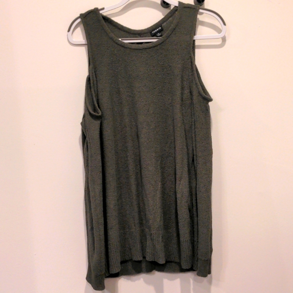 Torrid size 1 green cold shoulder sweater with a lace up back